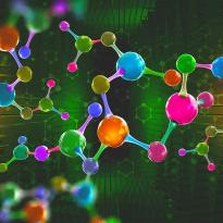 Colorful abstract molecular structure on green background