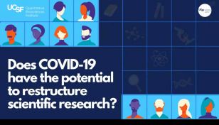 A graphic introducing a QBI event titled "Does COVID-19 have the potential to restructure scientific research"