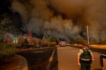 Fire trucks, smoke, and forest service ranger
