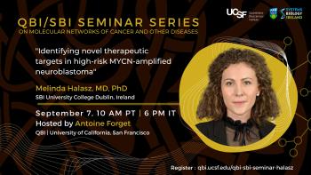 Melinda Halasz's headshot on brown, yellow, and white geometric, celtic knot background with title, date/time, host of the QBI/SBI seminar. 