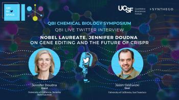 Nobel Laureate, Jennifer Doudna of University of California, Berkeley interviewed by Jason Gestwicki of University of California, San Francisco. Colorful abstract molecular structure background.