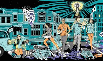 Comic book illustration showing various people mired in poison emergencies and responders running to help.