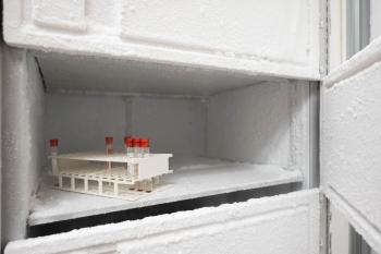 Patient samples on a freezer shelf